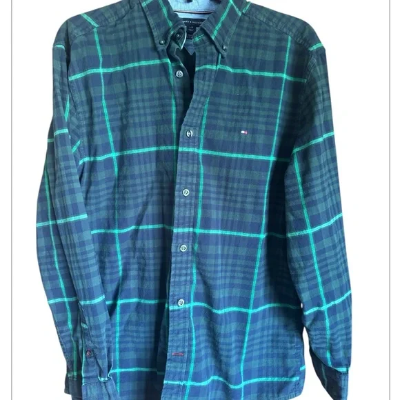 slim fit dress slacks Vintage Tommy Hilfiger Green White Squared Shirt main image 0